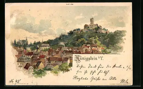 Lithographie Königstein i. T., Teilansicht mit Ruine