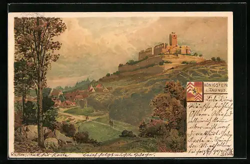 Lithographie Königstein i. Taunus, Ortsansicht mit Ruine