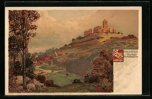 Lithographie Königstein i. Taunus, Blick zur Burg
