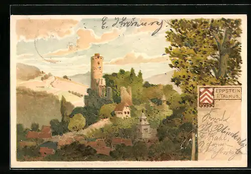 Lithographie Eppstein / Taunus, Sicht zur Festung