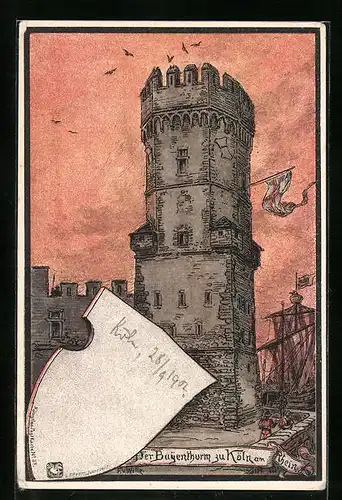 Lithographie Köln, Der Bürgerthurm mit Fahne