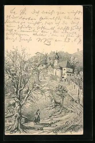 Künstler-AK Partenkirchen, Weg zur Kirche