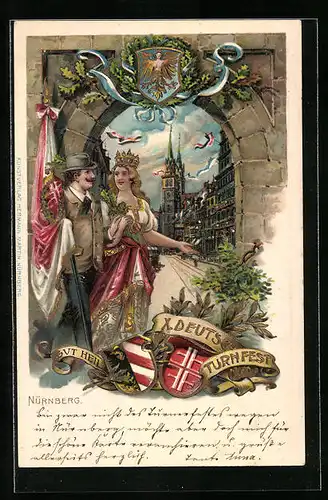 Lithographie Nürnberg, X. Deutsches Turnfest, Strassenpartie mit Turner