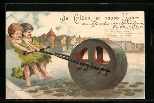 Präge-AK Kinder pflastern die Strasse mit Geld, Walze