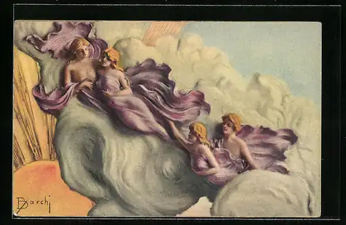 Künstler-AK Frauengestalten in den Wolken, Art Deco