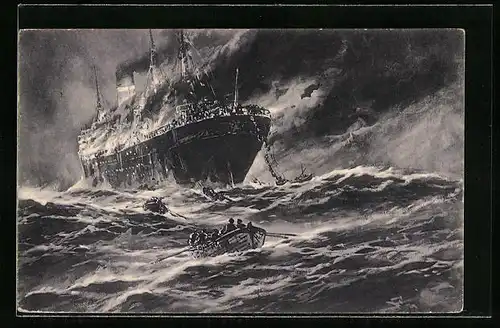 Künstler-AK Willy Stoewer unsign.: torpedierter engl. Handelsdampfer im Kanal wird von der Mannschaft verlassen