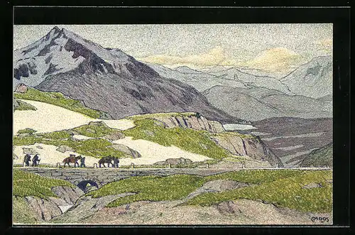 Künstler-AK Carl Moos: Passo del Gottardo, Wanderer auf der Passstrasse