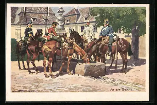 Künstler-AK Anton Hoffmann - München: Kavalleristen in Uniform an der Tränke