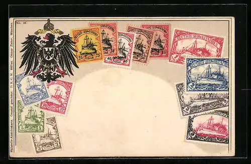 Präge-Künstler-AK Deutsch-Südwestafrika, Briefmarken und Wappen