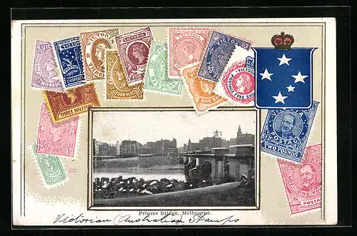 Präge-AK Melbourne, Princes Bridge, Briefmarken und Wappen