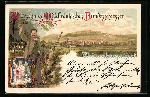 Lithographie Weissenburg a. Sand, Vierzehntes Mittelfränkisches Bundesschiessen, Teilansicht, PP15C15, Ganzsache Bayern