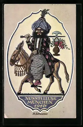 Künstler-AK München, Ausstellung 1910, Orientale auf einem Esel reitend, Ganzsache Bayern PP15C164 /02