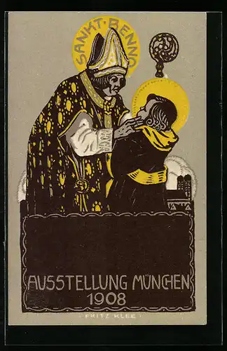 Künstler-AK Ganzsache Bayern PP15C144 /09: München, Ausstellung 1908, Sankt Benno herzt das Münchner Kindl