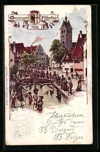 Künstler-AK Ganzsache Bayern PP15C22 /02: Memmingen, Fischertag 1900, Fischer mit ihren Käschern