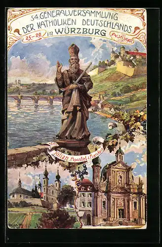 Künstler-AK Würzburg, 54. Generalversammlung der Katholiken Deutschlands 1907, PP15 C139, Ganzsache Bayern