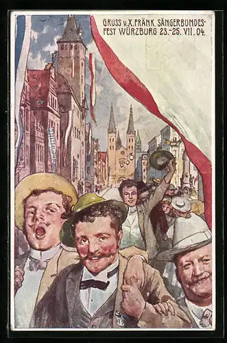 Künstler-AK Würzburg, X. Fränk. Sängerbundesfest 1904, Sänger auf der Strasse, Ganzsache Bayern PP15C67 /02
