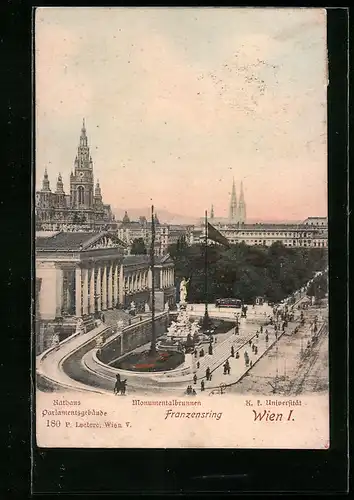 AK Wien, Franzensring mit Rathaus, Parlamentsgebäude und Monumentalbrunnen