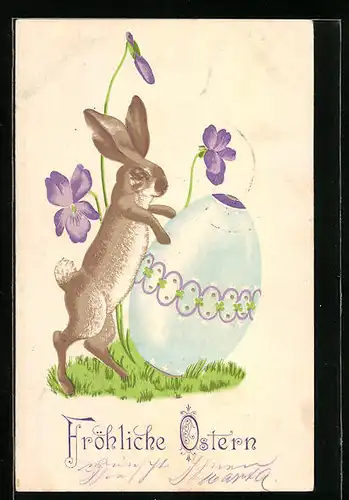 AK Osterhase mit Osterei und Veilchen