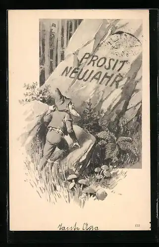 AK Zwerg mit Stein Prosit Neujahr