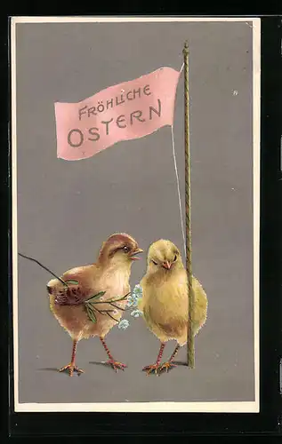 AK Fröhliche Ostern, Osterküken mit Fahne