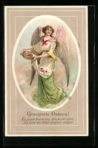 AK Gesegnete Ostern, Osterengel mit Ostereiern