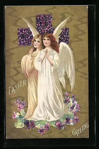 Präge-AK Osterengel beim Beten, Kreuz aus Veilchen