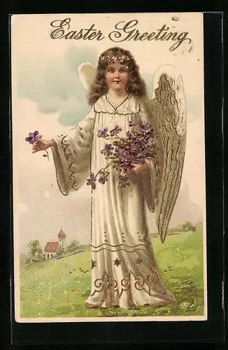 AK Osterengel mit Veilchen auf Wiese
