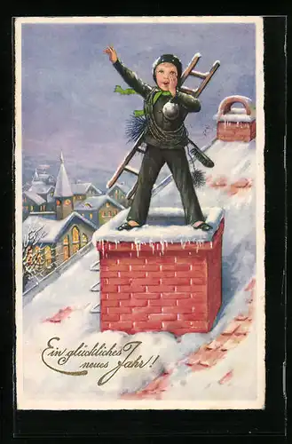 AK Schornsteinfegerjunge mit Besen und Leiter auf dem Dach, Neujahrsgruss