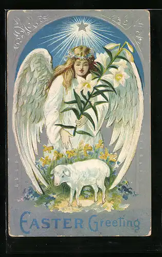 Präge-AK Easter Greeting, Osterengel mit Lamm und Lilie