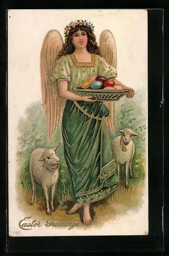 Präge-AK Easter Greetings, Osterengel mit Lämmern