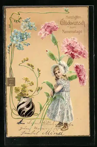 Präge-AK Mädchen mit Blumen zum Namenstag