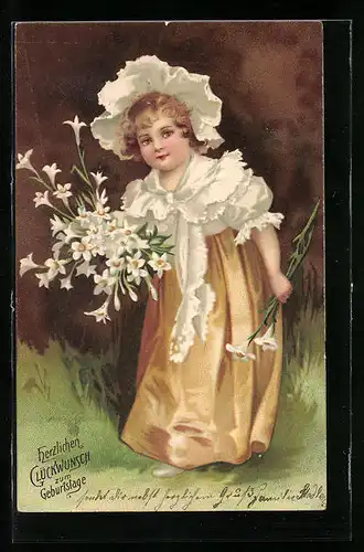 Präge-AK Mädchen mit Blumen gratuliert zum Geburtstag