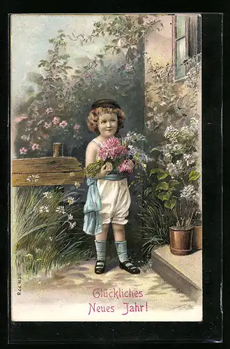 Präge-AK Kind mit Blumen, Glückliches Neues Jahr