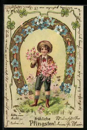 Präge-AK Junge mit Blumen an Pfingsten, Hufeisen
