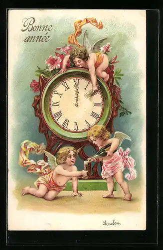 Präge-AK Neujahrsengel mit Uhr zu Mitternacht