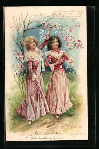 Präge-AK Damen in langen Kleidern zu Pfingsten