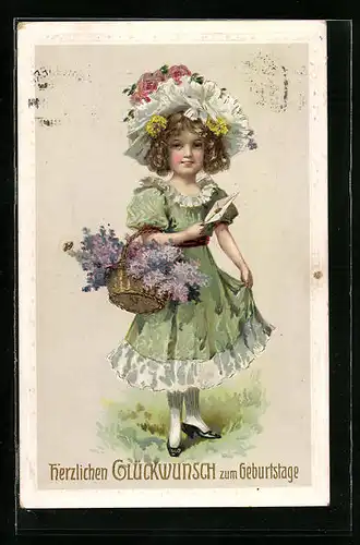 Präge-AK Mädchen mit Blumen und Brief zum Geburtstag