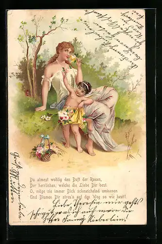 AK Amor mit Blumen, Dame im langen Kleid