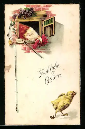 AK Osterküken mit Hahn, Fröhliche Ostern