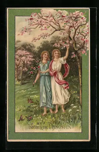 Präge-AK Damen im Grünen unter blühenden Kirschbäumen zu Pfingsten