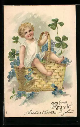 Präge-AK Kind im Korb mit Kleeblättern zu Neujahr