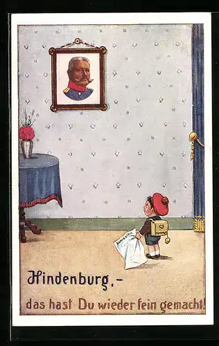 Künstler-AK Carl Diehl unsign.: Kleiner Junge mit Zeitung bewundert ein Porträt Hindenburgs