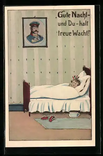 Künstler-AK Carl Diehl unsign.: Kleines Mädchen im Bett mit Porträt Hindenburgs