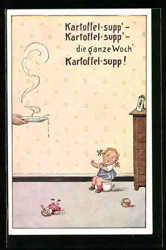 Künstler-AK Carl Diehl unsign.: Mädchen auf einem Nachttopf verschmäht Kartoffelsuppe