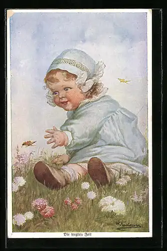 Künstler-AK Wally Fialkowska: Kleines Mädchen spielt mit Schmetterling in Frühlingswiese