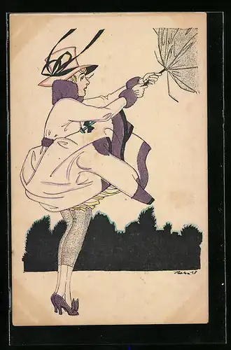 Künstler-AK Hahn: Dame weht bei starkem Wind der Schirm davon