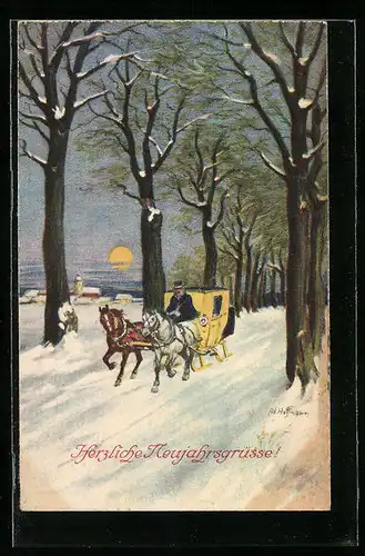 Künstler-AK Ad. Hoffmann: Postkutsche fährt durch eine winterliche Landschaft