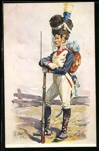 Künstler-AK Angelo Jank: Soldat in Uniform mit Gewehr