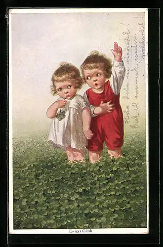 Künstler-AK Wally Fialkowska: Zwei Kleinkinder im Kleefeld