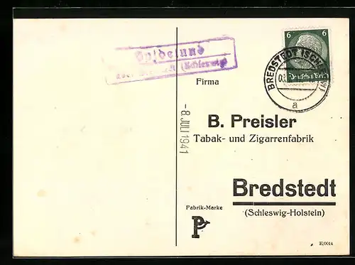 AK Bredstedt, Bestellkarte für B. Preisler Tabak- und Zigarrenfabrik